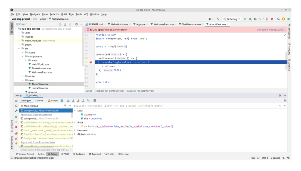 Результат запуска отладки JavaScript с точкой останова